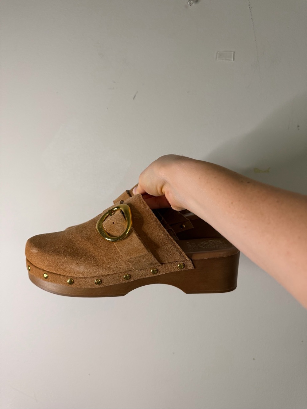 Vince Camuto Women’s Tan Suede Clog Mule with Gold Buckle
